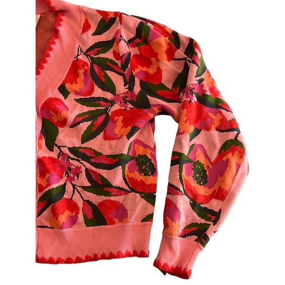 Farm Rio Red Pink Tropical Papaya Floral Knit Scalloped Cardigan Sweater Medium - Picture 3 of 6